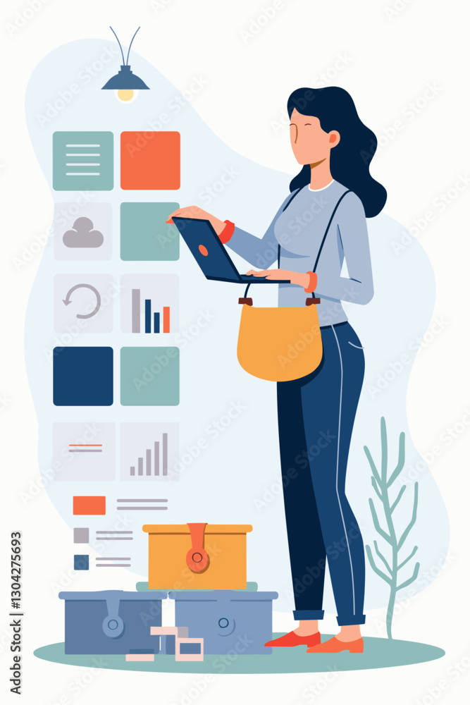 Woman Sorting Geometric Figures, Concept of Data Organization and Digital Information Processing Woman Sorting Geometric Figures, Concept of Data Organization and Digital Information Processing