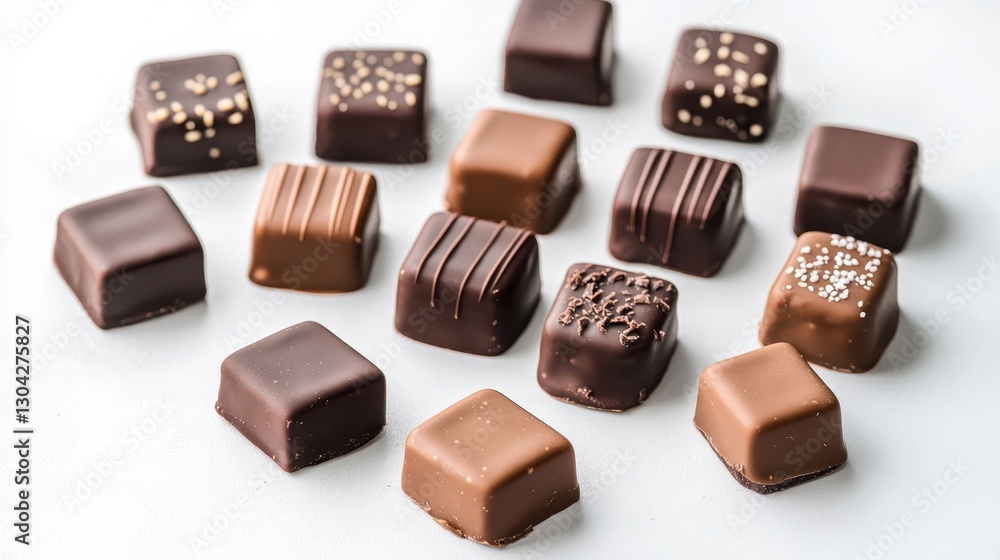 Elegant chocolate pralines featuring diverse toppings lined up on white background, showcasing luxurious confectionery craftsmanship with artistic presentation Elegant chocolate pralines featuring diverse toppings lined up on white background, showcasing luxurious confectionery craftsmanship with artistic presentation
