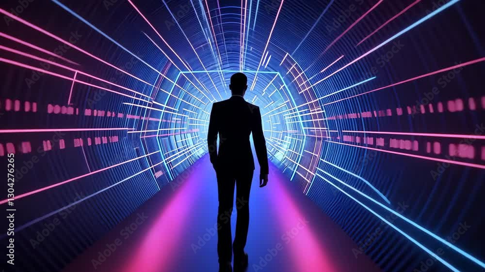 Silhouette of Person Walking Through Neon Tunnel with Geometric Patterns Futuristic Atmosphere of Glowing Lines and Colors Suggesting Digital Sci Fi Environment, Evoking Exploration and Discovery Silhouette of Person Walking Through Neon Tunnel with Geometric Patterns Futuristic Atmosphere of Glowing Lines and Colors Suggesting Digital Sci Fi Environment, Evoking Exploration and Discovery
