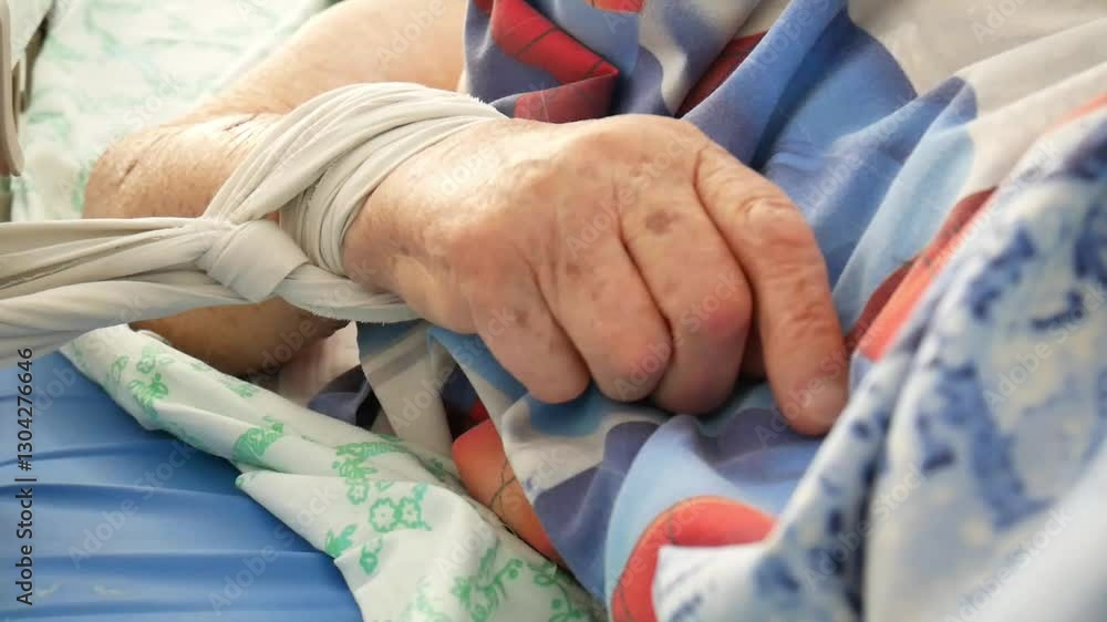 Hospital bed, the hand of a sick old woman with a piece of sheet moves. Hospital bed, the hand of a sick old woman with a piece of sheet moves.