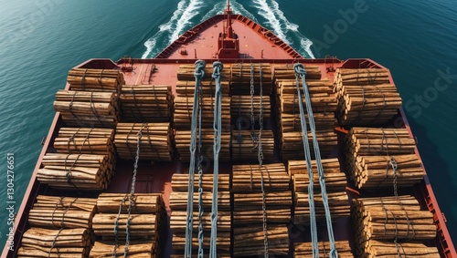 Red cargo ship transports brown wood logs on blue ocean. Vessel is loaded with timbers and secured by blue ropes and metal chains.
