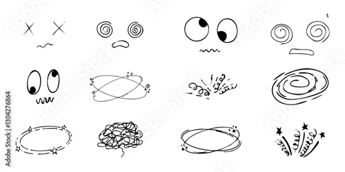  Dizzy effect, headache, sick drawing doodle comic set. dizziness faces, stars overhead anime emotions, crazy hand drawn line collection.