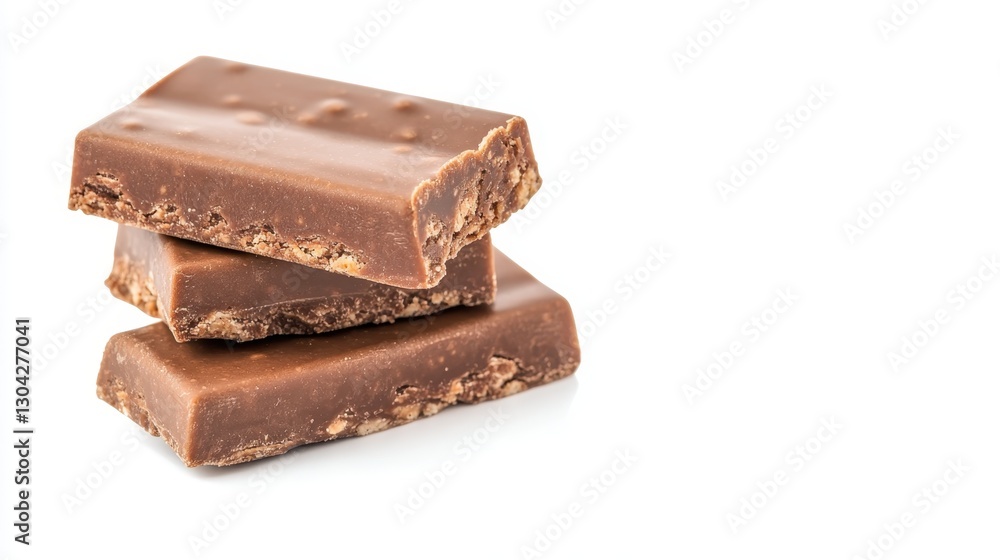 Milk chocolate bars stacked vertically, revealing crispy layered center, resting on pristine white surface, tempting chocolate lovers with rich, decadent texture Milk chocolate bars stacked vertically, revealing crispy layered center, resting on pristine white surface, tempting chocolate lovers with rich, decadent texture