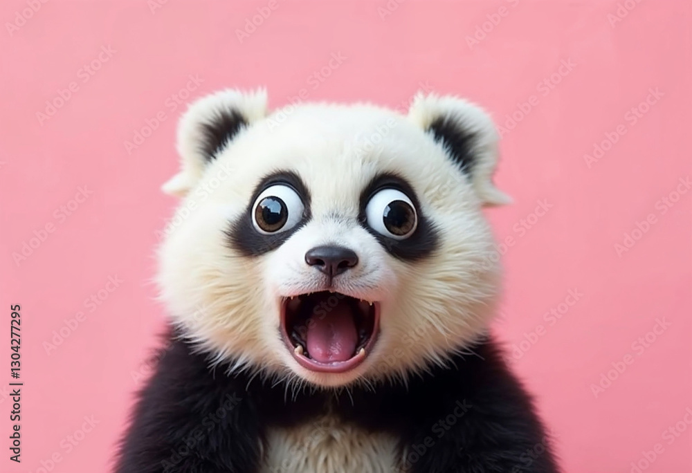 Shocked panda with big eyes isolated on pink background, funny animal expression, cute and surprised face Shocked panda with big eyes isolated on pink background, funny animal expression, cute and surprised face
