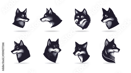 The image contains eight distinct illustrations of fox heads.  Each illustration is a stylized representation of a fox's head in profile view, presented in a monochrome palette of dark