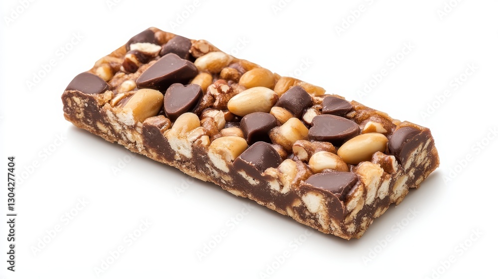 Protein bar closeup displaying scattered peanuts, heart shaped chocolate chips, resting on pristine white surface, revealing nutritious sweet snack details
