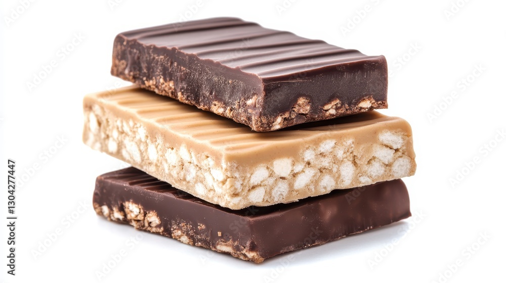 Dark and white chocolate bars featuring puffed rice, neatly stacked against pristine white surface, showcasing delectable confectionery variety Dark and white chocolate bars featuring puffed rice, neatly stacked against pristine white surface, showcasing delectable confectionery variety