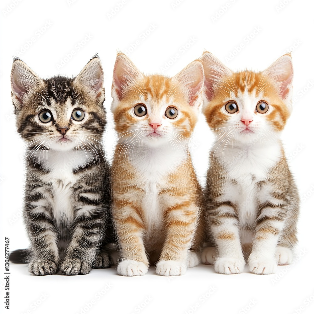 Three Adorable Tabby Kittens Sitting Side-by-Side, Featuring Distinctive Stripes and Big Eyes Against a Plain White Background. Three Adorable Tabby Kittens Sitting Side-by-Side, Featuring Distinctive Stripes and Big Eyes Against a Plain White Background.