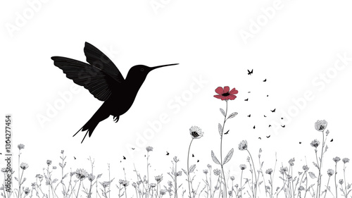 The image is a stylized illustration or graphic design featuring a black silhouette of a hummingbird in flight against a white background.  The hummingbird is positioned centrally, facing