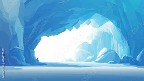 Digital illustration depicting the entrance to an ice cave. The image showcases a vibrant blue color palette, with varying shades and tones to represent the texture and depth of the ice