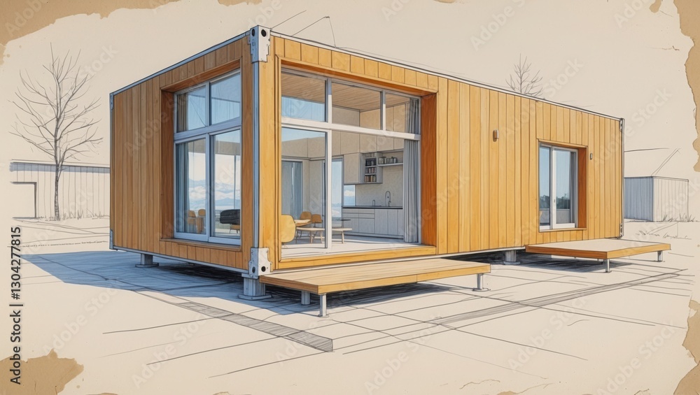 Sketch of modern container house. Wood panels cover exterior walls. Large windows and platforms surround structure. Interior shows kitchen and furniture. Sketch of modern container house. Wood panels cover exterior walls. Large windows and platforms surround structure. Interior shows kitchen and furniture.