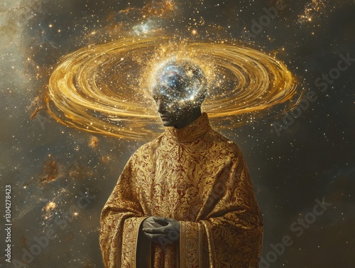 Celestial figure with glowing galaxy head and robe  
