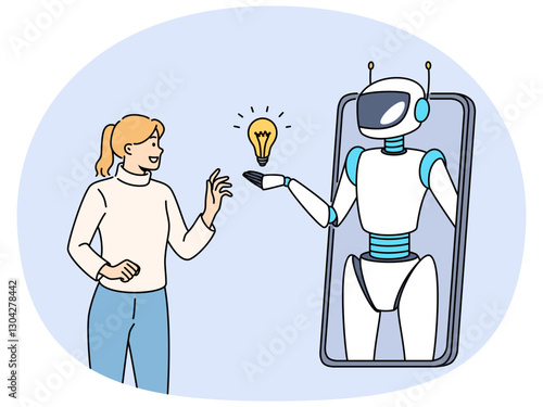 Woman communicates with AI chat bots on phone through mobile application and uses artificial intelligence to find new ideas. Robot on smartphone screen symbolizes chat bots answering user questions