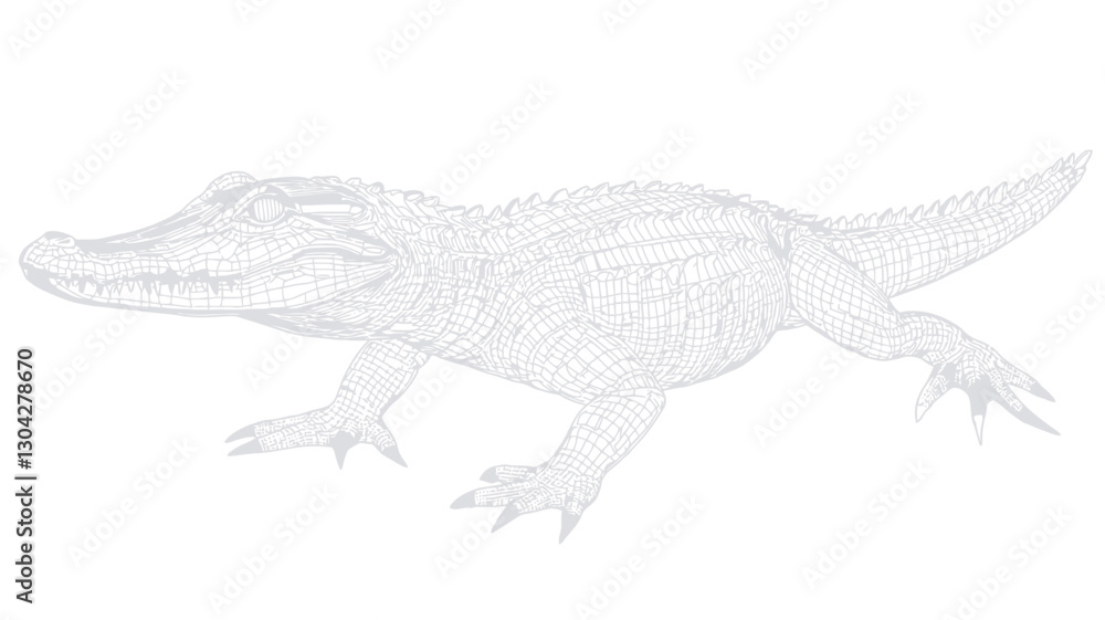 Naklejka premium A grayscale pencil sketch depicting a crocodile in profile view. The sketch shows detailed rendering of the crocodile's scales, teeth, and claws. The style is realistic, with shading used