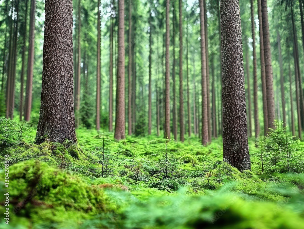 Fototapeta premium Lush green forest with tall trees and vibrant undergrowth.