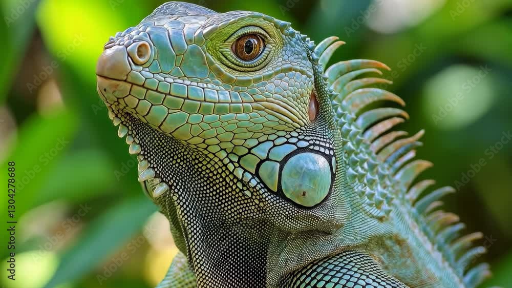 Green lizard with long green hair on its head. The lizard is looking at the camera Green lizard with long green hair on its head. The lizard is looking at the camera