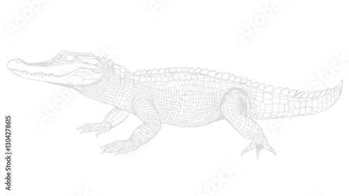 A grayscale pencil sketch depicting an alligator in profile view. The sketch showcases detailed rendering of the alligator's scales, teeth, and body structure.  The shading is subtle,