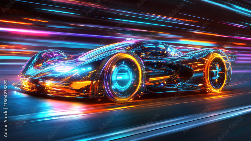 custom made wallpaper toronto digitalSleek futuristic car driving through a neon-lit city at night, showcasing advanced technology and modern urban mobility. copy space, banner, mock up