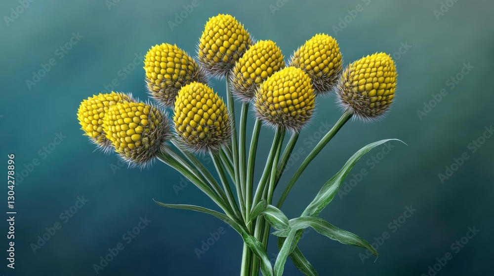 Closeup of Vibrant Yellow Spherical Flower Bouquet Against Teal Background Closeup of Vibrant Yellow Spherical Flower Bouquet Against Teal Background