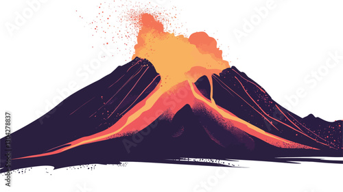 A stylized illustration depicting a volcanic eruption. The volcano is rendered in shades of dark purple and black, with streaks of bright orange and red representing flowing lava.  The