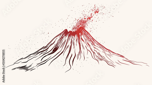 The image is an illustration of a volcano erupting.  The style is graphic and somewhat abstract, using primarily red and black lines on a white background to depict the volcano's form and