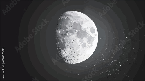 A grayscale image depicting a gibbous moon prominently featured against a dark night sky.  The moon's surface shows detailed textural variations, including visible craters and shading.