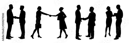 Set of Business people shaking hands silhouettes. Agreement, trust, cooperation concept. Greeting gesture, handshake of different businessmen, businesswomen. Vector illustration 