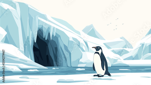 Illustration of an emperor penguin standing on a snowy surface near a large ice cave. The background features icy mountains and glaciers, rendered in shades of blue and white. The style is