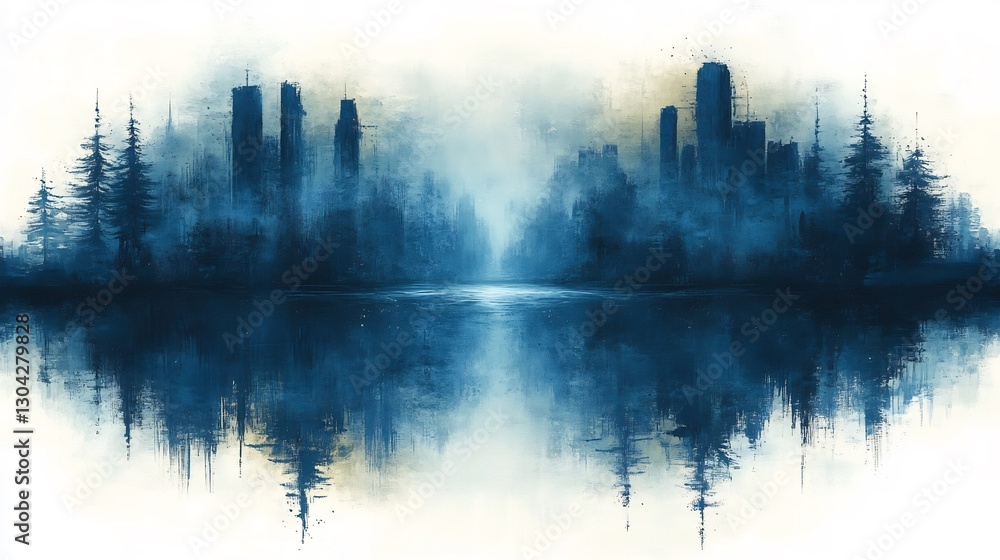 Fototapeta premium Serene Cityscape Reflecting in Calm Waters Deep Blue Hues. AI Generated