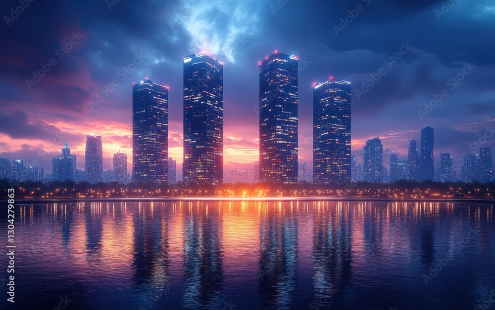 Fototapeta premium City skyline at dusk majestic towers reflecting on water urban landscape serene atmosphere wide angle view