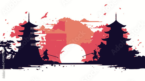 The image is a stylized vector illustration depicting two samurai silhouettes standing in the foreground against a vibrant sunset.  Two pagodas are visible in the background, symmetrically