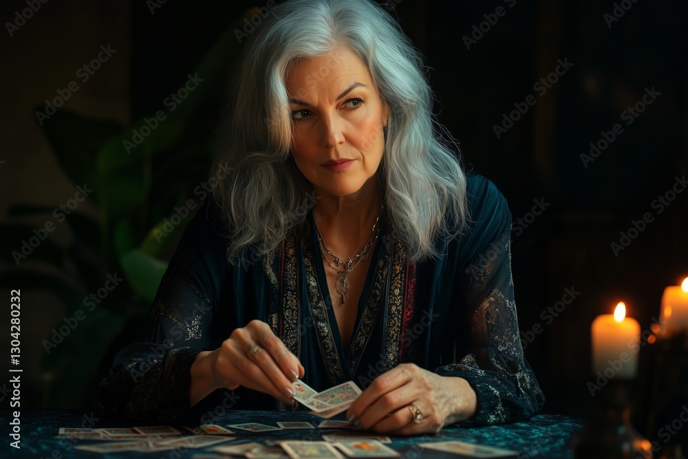 Fototapeta premium An elderly woman tarot reader with gray hair, laying out cards on a table in a mystical atmosphere.