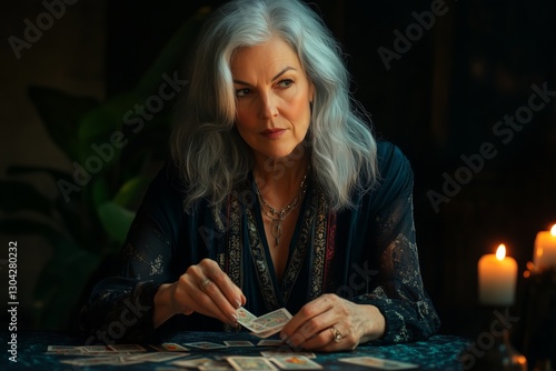 An elderly woman tarot reader with gray hair, laying out cards on a table in a mystical atmosphere.