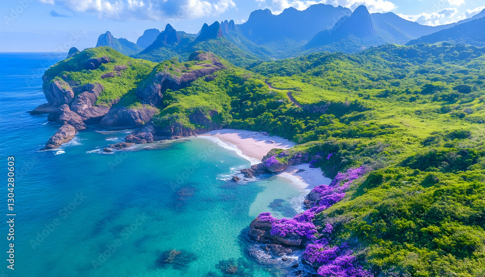 Aerial view of tropical beach, lush green hills, and turquoise ocean Aerial view of tropical beach, lush green hills, and turquoise ocean