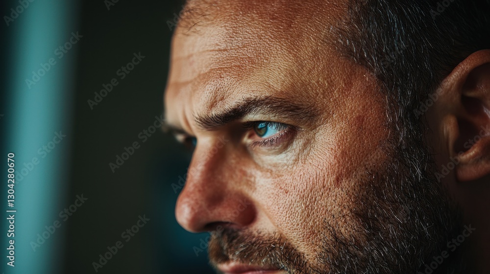 Obraz premium A man with a beard and a blue eye stares at the camera