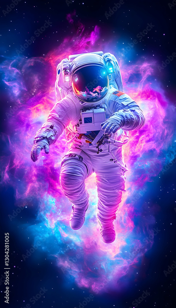 Fototapeta premium Astronaut floats in vibrant nebula cosmic cloud