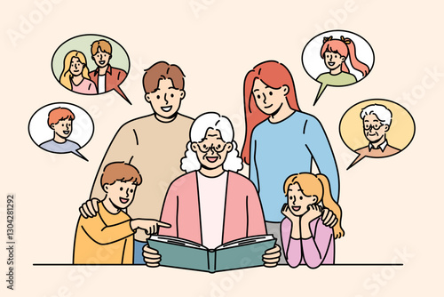 Family photo album looking at happy grandmother with grandchildren and children studying own genealogical tree. Friendly family with photo album examining memory book with portraits from past