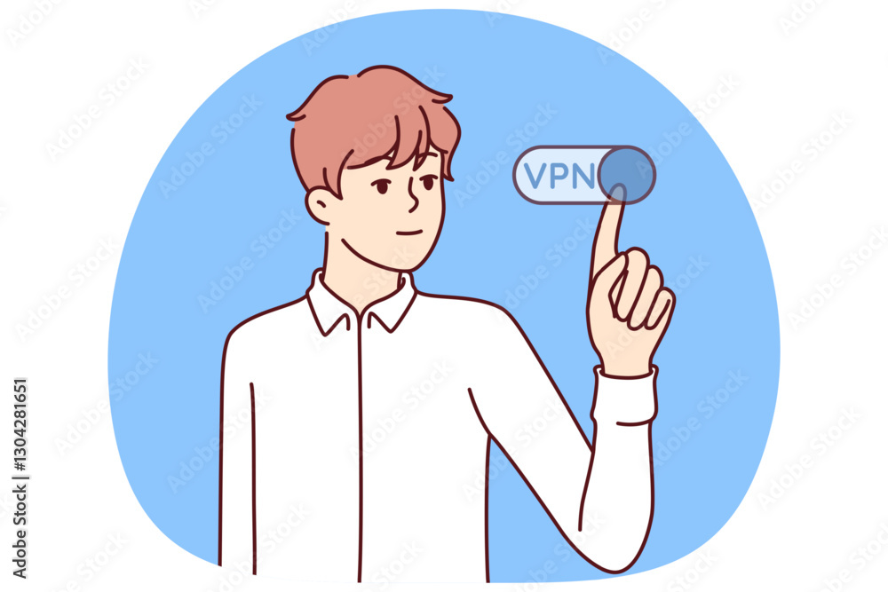 Man presses VPN button to remain invisible on internet and maintain privacy online surfing. Using VPN technology to bypass block or firewall that prohibits visiting sites with prohibited information Man presses VPN button to remain invisible on internet and maintain privacy online surfing. Using VPN technology to bypass block or firewall that prohibits visiting sites with prohibited information