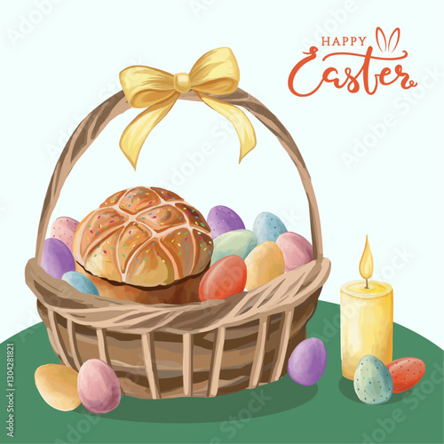 Happy Easter painting Colored eggs and bread in twigs basket with yellow bow and candle
