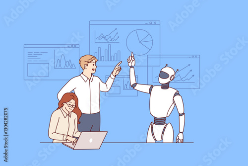 Business meeting robot and office employees discussing plans to achieve financial goals of corporation. Robot advises guy and girl standing near financial charts created using artificial intelligence
