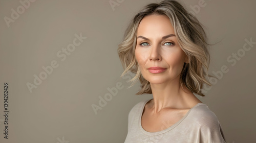 portrait of a beautiful woman 50 years old with natural makeup in a beige T-shirt on a neutral background. The concept of natural beauty and anti-age care
