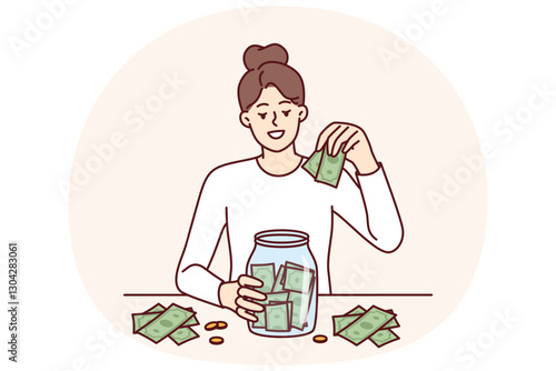 Woman puts money in jar wanting to save up to buy own house or start successful business for financial literacy concept. Girl saves money for retirement, not trusting banks and investment funds