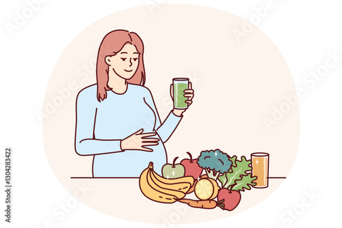 Pregnant woman drinks juice from fresh fruits and vegetables standing near steel with healthy food with vitamins. Pregnant girl is preparing to become mother and take care of unborn child