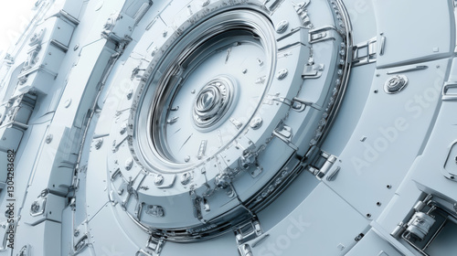 Fototapeta Naklejka Na Ścianę i Meble -  Protection and safety. The space gateway. The door to the bunker. A refuge from nuclear war. Bank safe deposit box. A futuristic spaceship with a big round hole in the middle