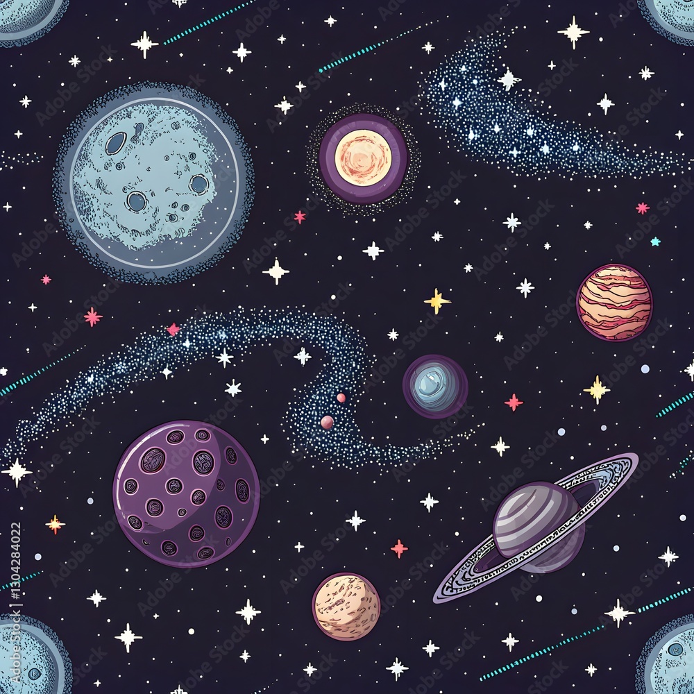 Fototapeta premium Seamless Space Pattern Planets Stars and Nebulae for Cosmic Designs