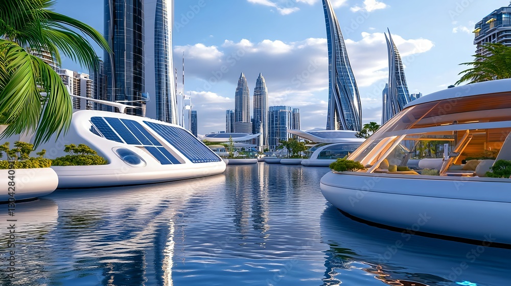 Naklejka premium Futuristic Cityscape: Solar Boats & Skyscrapers - Sustainable living