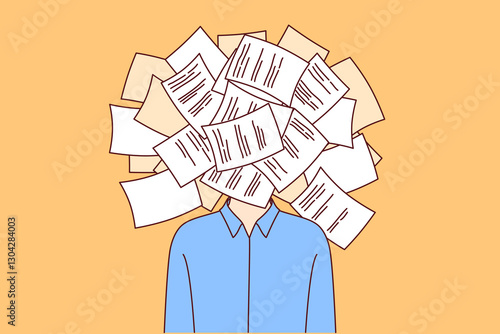 Man suffering from bureaucracy and overabundance of paperwork stands with bunch of documents instead of face. Problem of paperwork clogging brain of businessman who needs to digitalize work process