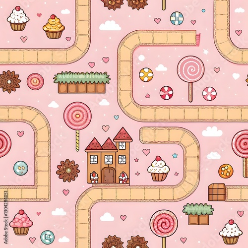 Sweet Candy Land Game Board Pattern Pink Background with Lollipops Cupcakes and Castle
