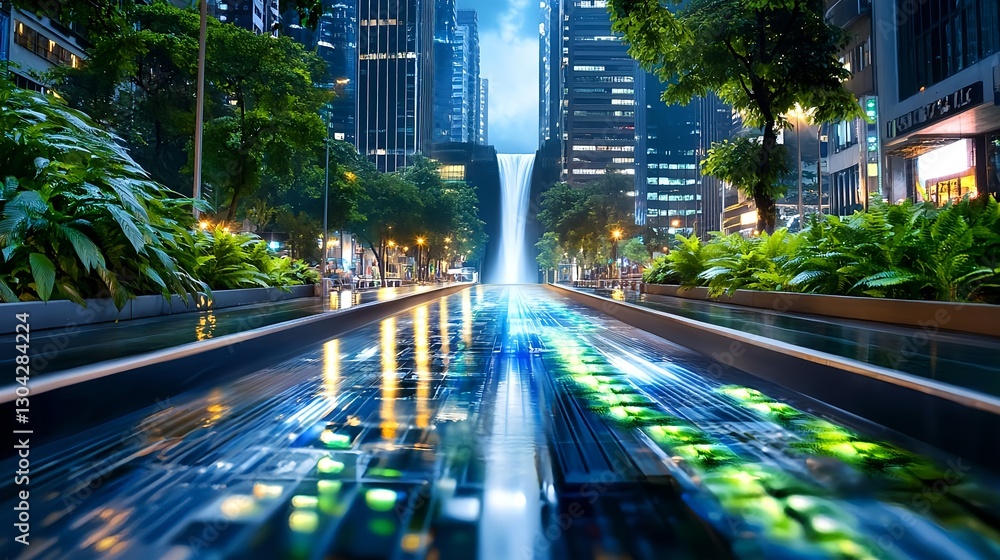 Naklejka premium City Waterfall & Urban Oasis Night Scene - Urban Nature