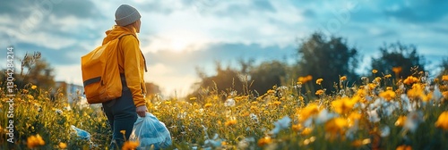 A person picking up trash in a park, emphasizing the importance of protecting the environment.